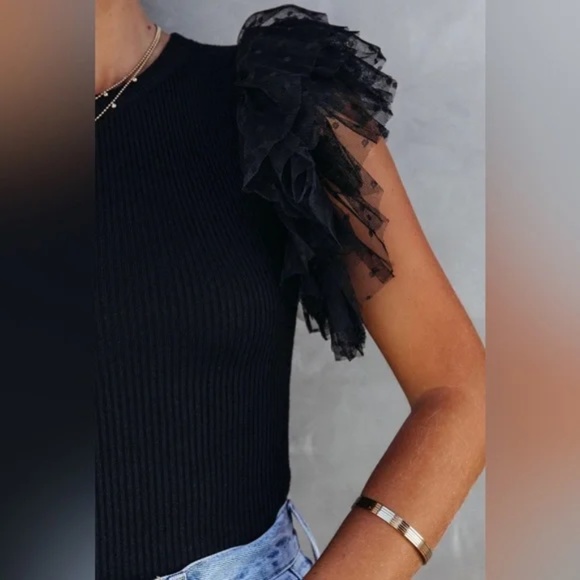 09 Swiss Dot Black Mesh Ruffle Sleeve Fitted Top - Picture 9 of 9